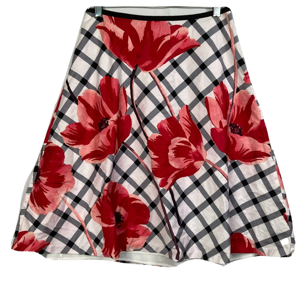 Talbots‎ Skirt Womens Sz 2  Black White Red Cotton Floral A Line Stretch Lined